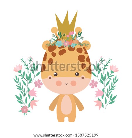 Cute giraffe with crown flowers and leaves design, Animal zoo life nature character childhood and adorable theme Vector illustration