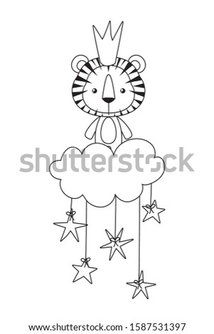 Cute tiger cartoon with crown over cloud and stars design, Animal zoo life nature character childhood and adorable theme Vector illustration