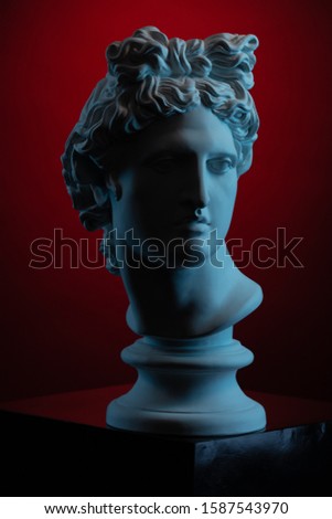 Plaster statue of a bust of Apollo Belvedere in blue local light on a red background