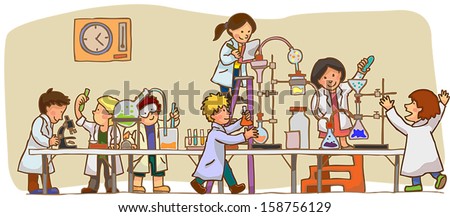 Cartoon scientist children kid are studying and working on chemistry science experiment in laboratory, create by vector for education concept. Royalty-Free Stock Photo #158756129