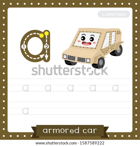 Letter A lowercase cute children colorful transportations ABC alphabet tracing practice worksheet of Armored Car for kids learning English vocabulary and handwriting Vector Illustration.