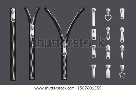 Opening and closed zipper and its parts - silver steel metal realistic fabric fastener collection with different shapes of slider puller. Isolated vector illustration. Royalty-Free Stock Photo #1587601555