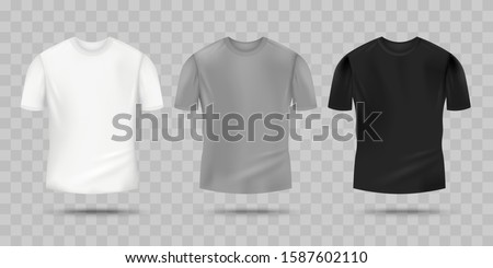 Blank realistic t-shirt mockup set in white, grey and black color. Men's shirt print design template with realistic cotton fabric texture from front view - vector illustration