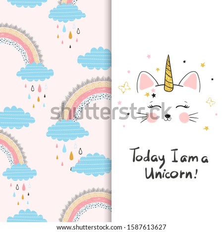 Cute unicorn cat with rainbow pattern. T-shirt design for kids, baby print.