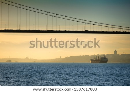 The atmospheric picture - a bulk-carrier, sail in the waters of the Bosphorus Strait, at evening "golden hour", under the bridge, against the background of the European part of Istanbul.