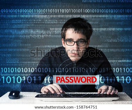 Young geek hacker stealing password on futuristic background