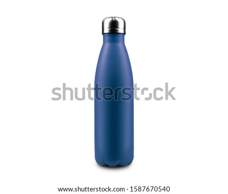 Close-up of reusable, steel thermo eco bottle for water, isolated on white background, color of Phantom Blue. Royalty-Free Stock Photo #1587670540