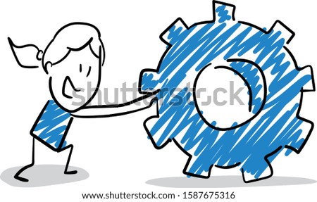 Office worker manager with gear - collect piece to piece. 
Girl hand drawn doodle line art cartoon design character - isolated vector illustration outline of woman.