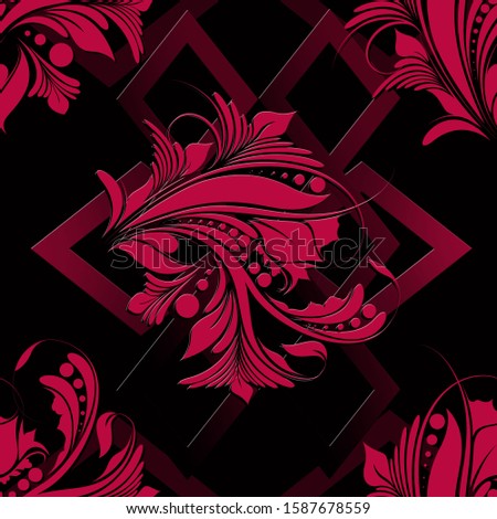 Creative seamless pattern with floral patterns in red colors. The background is black.