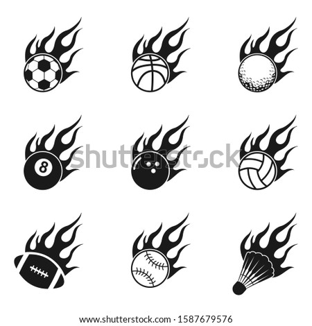 sport ball in fire flame icons set on white background,  vector Illustration