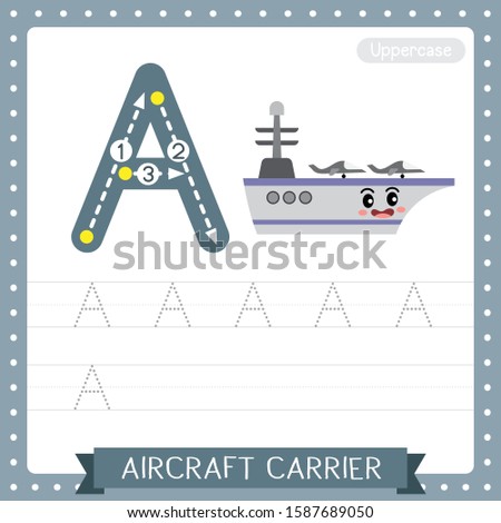 Letter A uppercase cute children colorful transportations ABC alphabet tracing practice worksheet of Aircraft Carrier for kids learning English vocabulary and handwriting Vector Illustration.