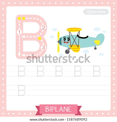 Letter B uppercase cute children colorful transportations ABC alphabet tracing practice worksheet of Biplane for kids learning English vocabulary and handwriting Vector Illustration.