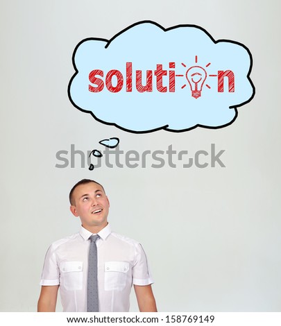 businessman and speech bubbles with solution over head