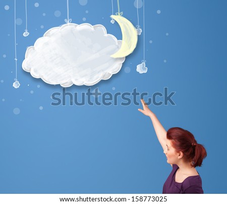 Young girl looking at cartoon night clouds with moon hanging down