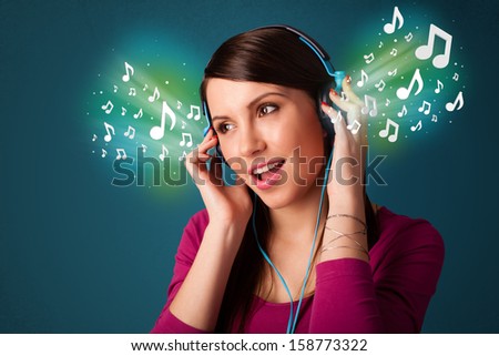Pretty young woman with headphones listening to music, glowing notes concept