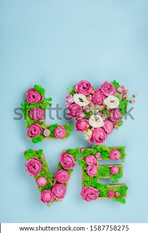 Volume letters LOVE word with stabilized moss and roses on blue background with blank space for text. Top view, flat lay.