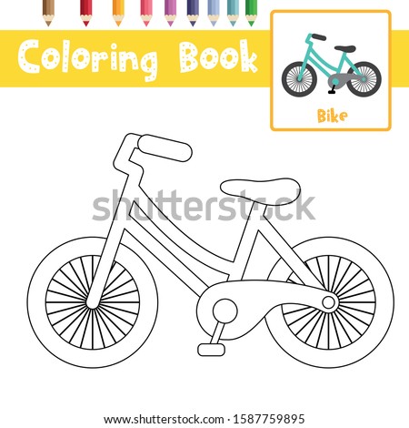 Coloring page of cute Bike cartoon character side view transportations for preschool kids activity educational worksheet. Vector Illustration.