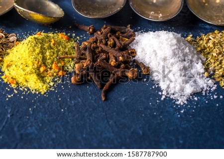 Various spices ground turmeric pepper ginger cinnamon herb seasoning salt paprika caraway seeds vintage spoon on the table. View from above. indian spices on dark blue background