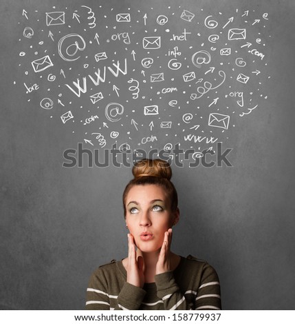 Pretty young woman gesturing with sketched social network icons above her head