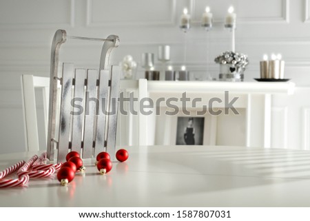 White wooden table of free space and christmas home interior.