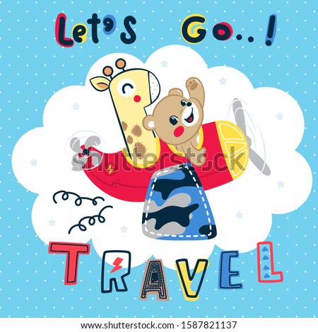 Let's go travel with cute bear and giraffe riding a red airplane on blue sky background vector.