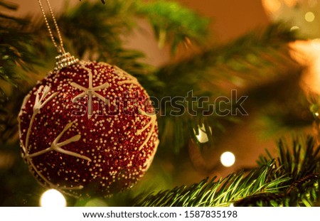 Christmas tree ornament decoration. Xmas ball red color decorated hanging on a fir branch, closeup view, copy space