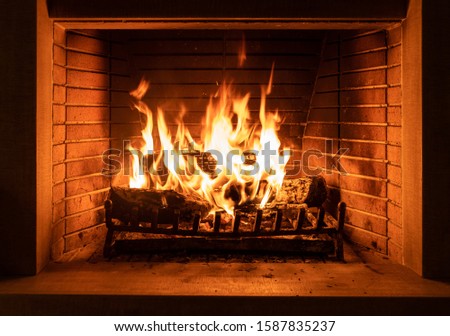 Fireplace burning with firewood logs. Christmas, winter, and travel concept. Warm cozy home