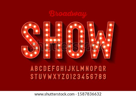 Broadway style retro light bulb font, vintage alphabet letters and numbers, vector illustration Royalty-Free Stock Photo #1587836632