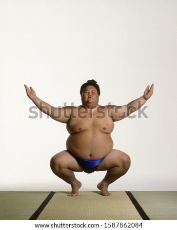 View of a sumo wrestler squatting Royalty-Free Stock Photo #1587862084