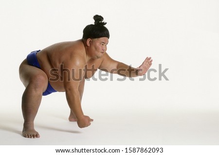 View of a sumo wrestler squatting Royalty-Free Stock Photo #1587862093