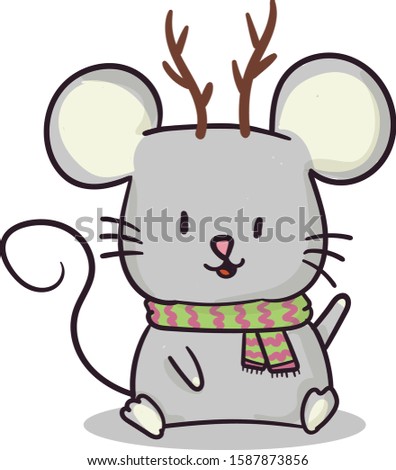 Cute cartoon mouse with antlers and a scarf