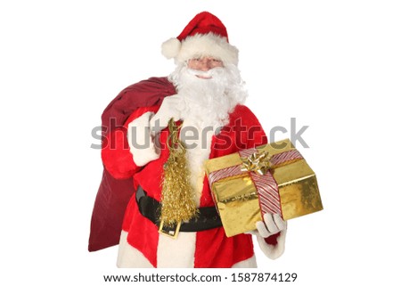 Santa Claus Christmas. Santa holds a Gold wrapped Christmas Present. Isolated on white. Room for text. Christmas is the season for giving and receiving gifts from family and friends. Merry Christmas. 