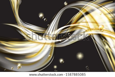 Yellow golden flowing liquid vector abstract background, oil texture on black. Streams of oil, honey or fluid with light element.
