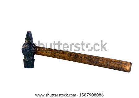 Old hammer with wooden handle isolated on white background.