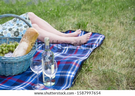 Woman laying on blanket with wine and picnic basket outdoors