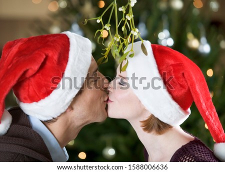 A couple kissing beneath the mistletoe