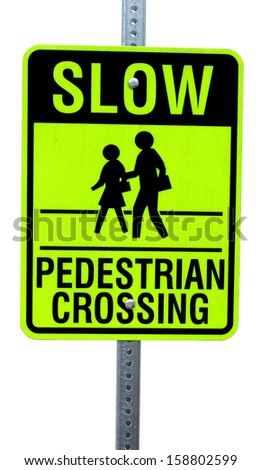 A newer style neon pedestrian crossing sign of a Man helping a Woman across the street isolated on white