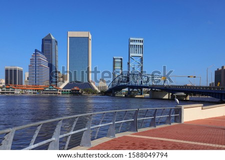 Clean and beautiful Jacksonville Riverwalk, one and a quarter mile paved promenade along the St. Johns River in downtown Jacksonville, Florida, USA.