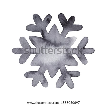 Illustration of black watercolor snowflake with artistic stains, brushstrokes and washes. Hand painted water color sketchy drawing on white, cut out clipart element for creative design, print, decor.