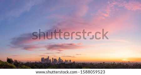 Panorama View of Downtown Los Angeles in Epic Sunset.