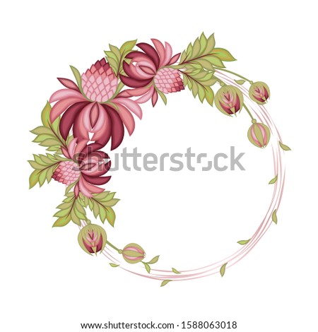 Vector floral wreath. Elegant vintage circle border with pink and red peony flowers, green leaves. Traditional ukrainian folk style painting. Illustration design for decor, card, invitation, wedding