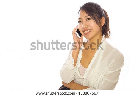 Asian young woman on a phone cellphone iPhone talking calling long distance