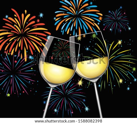 Background with two glasses of champagne and fireworks illustration