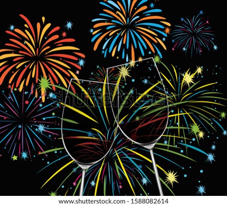 Background with two glasses of champagne and fireworks illustration