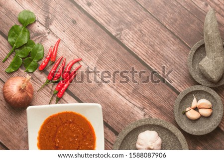 Flat lay of chili paste. Spicy savory food ingredient. Asian delicacies. 