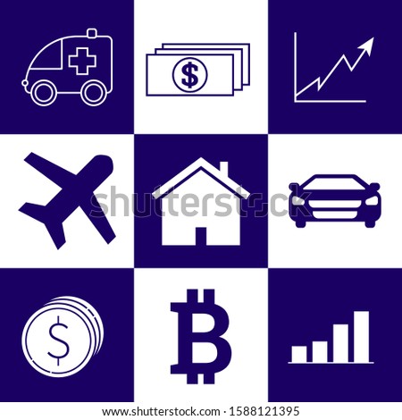 Set of business, lifestyle icons element. Coins, bitcoin, chart, medical, house, money and car element icons. Vector illustration eps 10