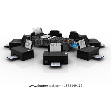 3d illustration Generic inkjet printer CMYK cartridges with Swipe machine