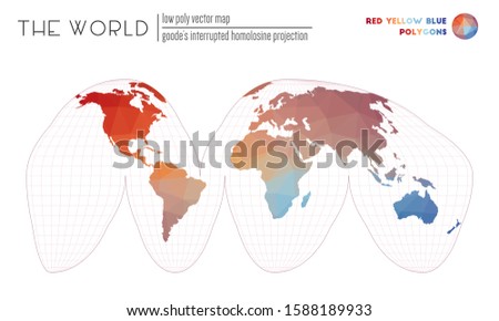 World map with vibrant triangles. Goode's interrupted homolosine projection of the world. Red Yellow Blue colored polygons. Creative vector illustration.