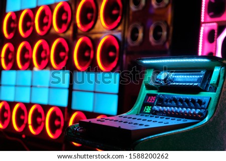 colorful lights of stereo and speakers in the night