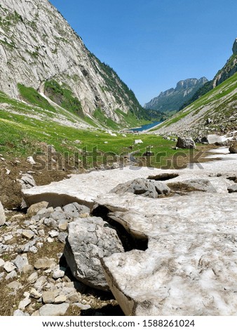 Picture of melting snow in a hot summer day. Picture was taken in the swiss alps on a beautiful day with no clouds.